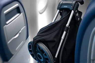 Compact stroller stowed in airplane overhead compartment, travel convenience.